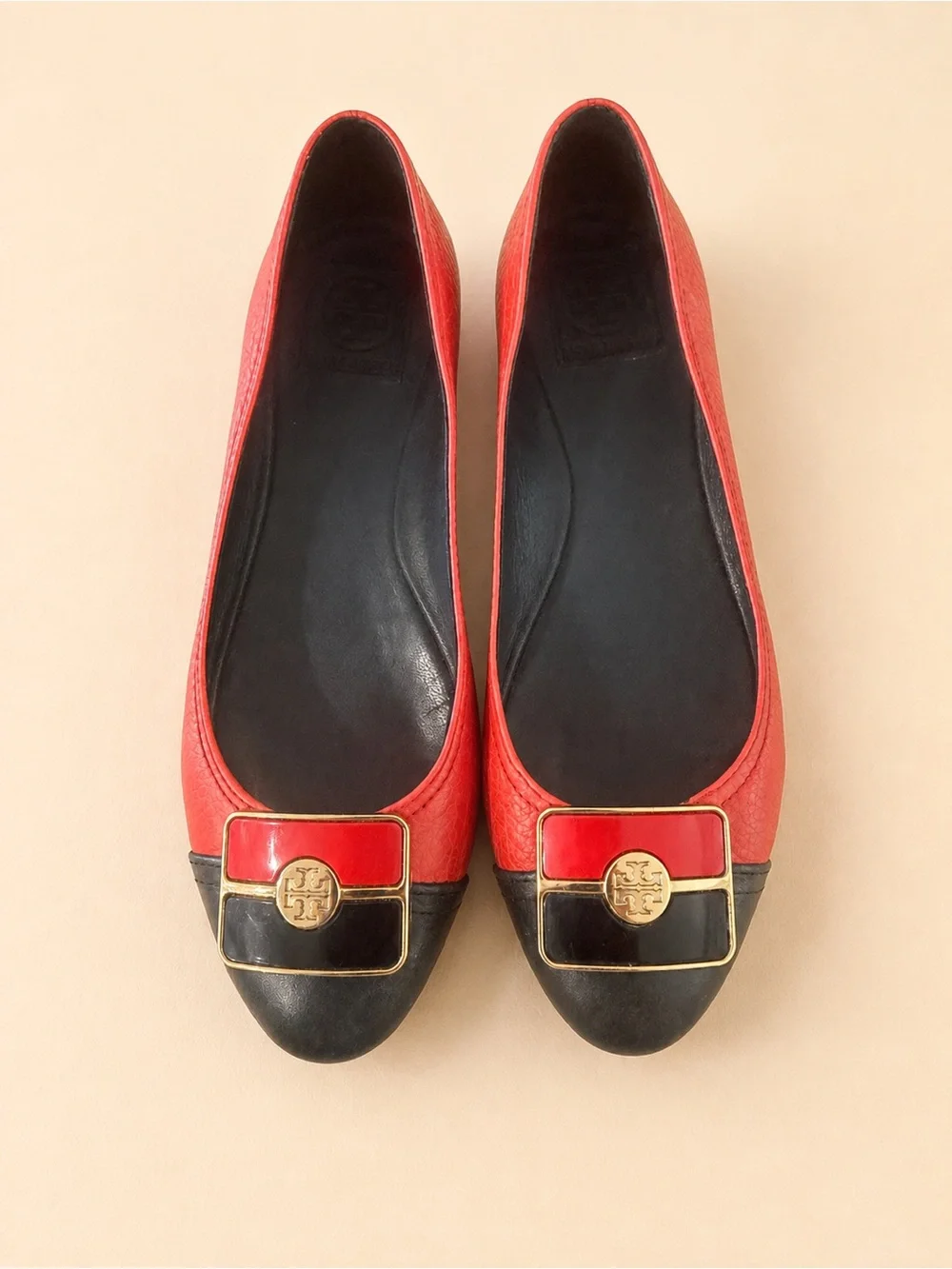 TORY BURCH Red Black Leather Ballet Flats Logo Designer Shoes size 8 1/2